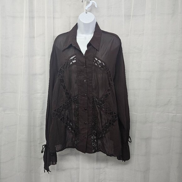 Kaelyn Max Blouse Brown Sheer Boho Lace Gypsy Hippie 1X - Picture 12 of 12